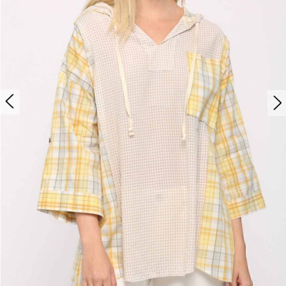 Boho Yellow Plaid Mixed Hoodie Loose Fit Pullover Top Raw Edge Roll Up Sleeve